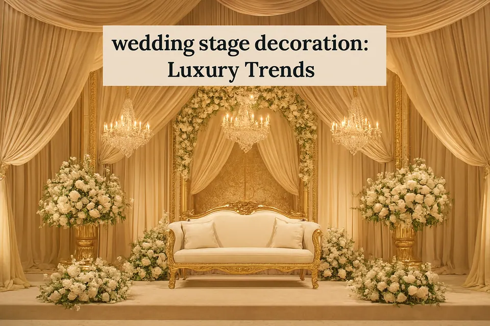 Luxurious Indian wedding stage decorated with golden drapes, ornate pillars, crystal chandeliers, and vibrant floral arrangements of marigolds and roses. A regal carved sofa sits center stage, framed by traditional motifs and warm lighting, reflecting opulent Indian wedding trends.